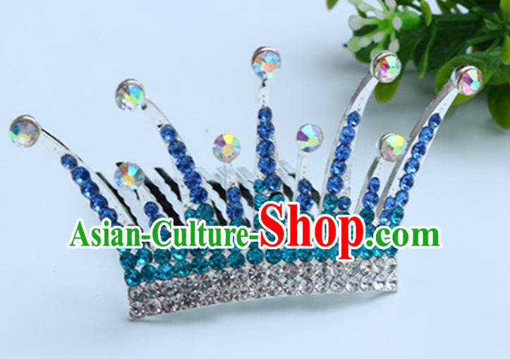 Top Grade Handmade Classical Hair Accessories Hair Comb, Children Baroque Style Crystal Hairpins Rhinestone Princess Blue Royal Crown Hair Jewellery Hair Clasp for Kids Girls