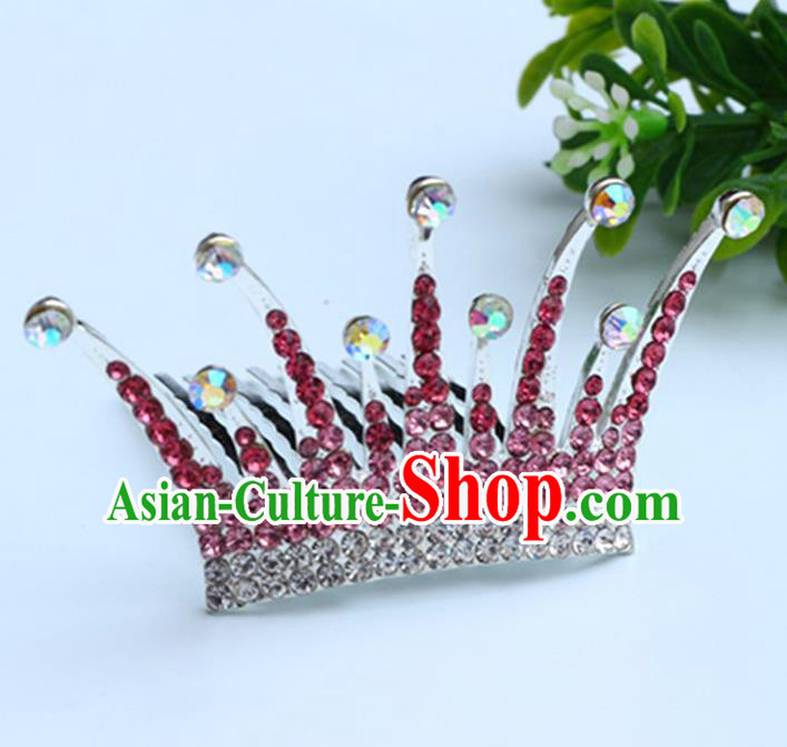 Top Grade Handmade Classical Hair Accessories Hair Comb, Children Baroque Style Crystal Hairpins Rhinestone Princess Pink Royal Crown Hair Jewellery Hair Clasp for Kids Girls