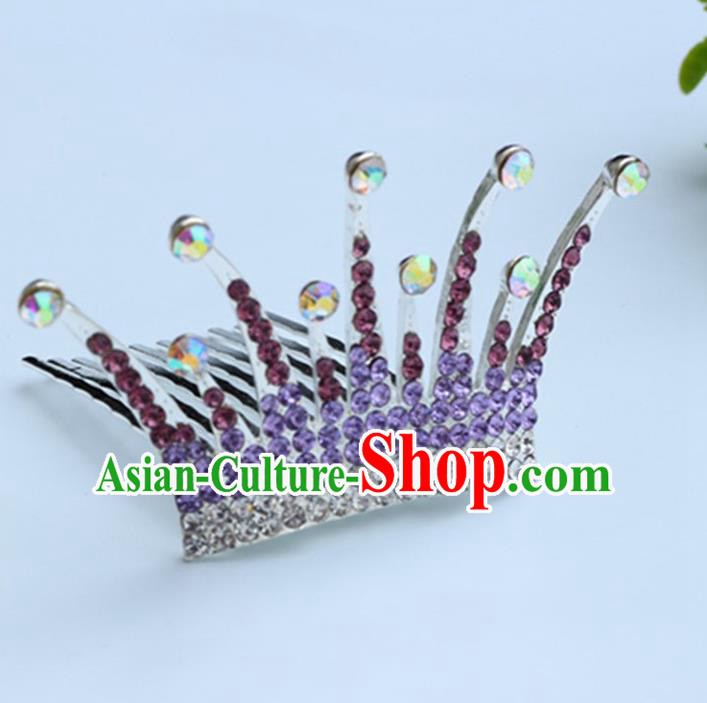 Top Grade Handmade Classical Hair Accessories Hair Comb, Children Baroque Style Crystal Hairpins Rhinestone Princess Purple Royal Crown Hair Jewellery Hair Clasp for Kids Girls