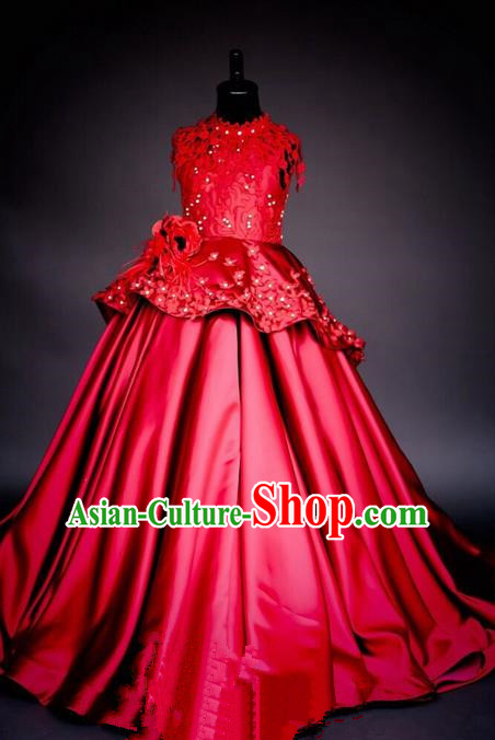 Top Grade Chinese Compere Performance Costume, Children Chorus Singing Group Baby Princess Red Full Dress Modern Dance Big Swing Long Dress for Girls Kids