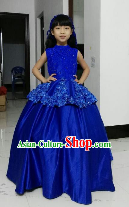 Top Grade Chinese Compere Performance Catwalks Costume, Children Chorus Singing Group Baby Princess Blue Full Dress Modern Dance Big Swing Long Dress for Girls Kids