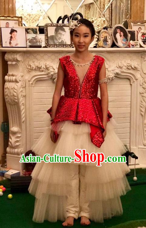 Top Grade Chinese Compere Performance Catwalks Costume, Children Chorus Singing Group Baby Princess Red Full Dress Modern Dance Paillette Long Trailing Dress for Girls Kids