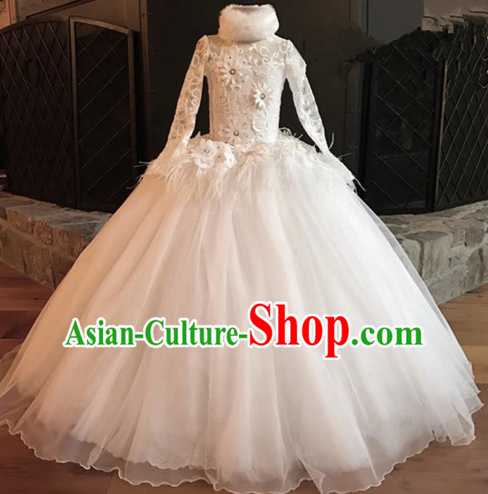 Top Grade Professional Compere Performance Catwalks Costume, Children Chorus Singing Group White Fur Collar Lace Full Dress Modern Dance Big Swing Bubble Dress for Girls Kids