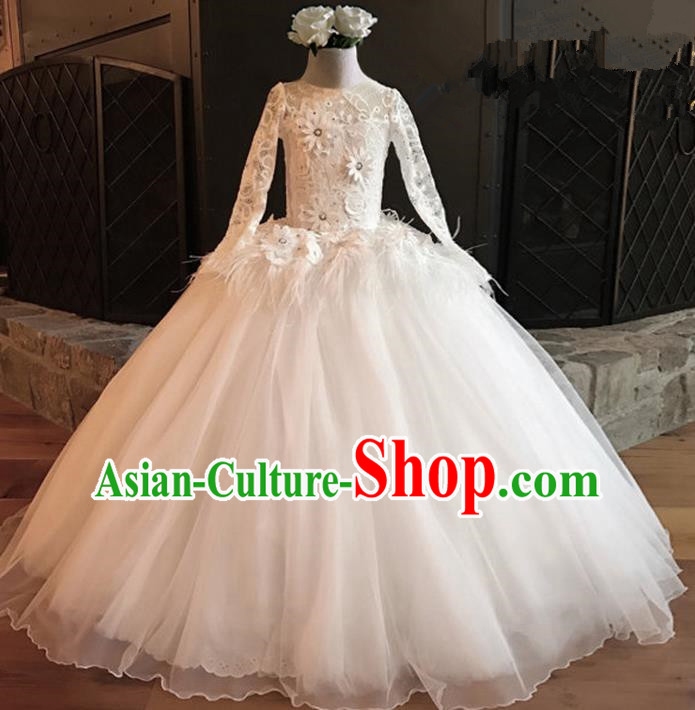 Top Grade Professional Compere Performance Catwalks Costume, Children Chorus Singing Group White Lace Full Dress Modern Dance Big Swing Bubble Dress for Girls Kids