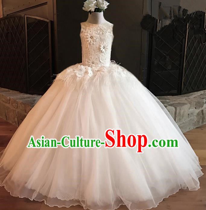 Top Grade Professional Compere Performance Catwalks Costume, Children Chorus Singing Group White Lace Sleeveless Full Dress Modern Dance Big Swing Bubble Dress for Girls Kids