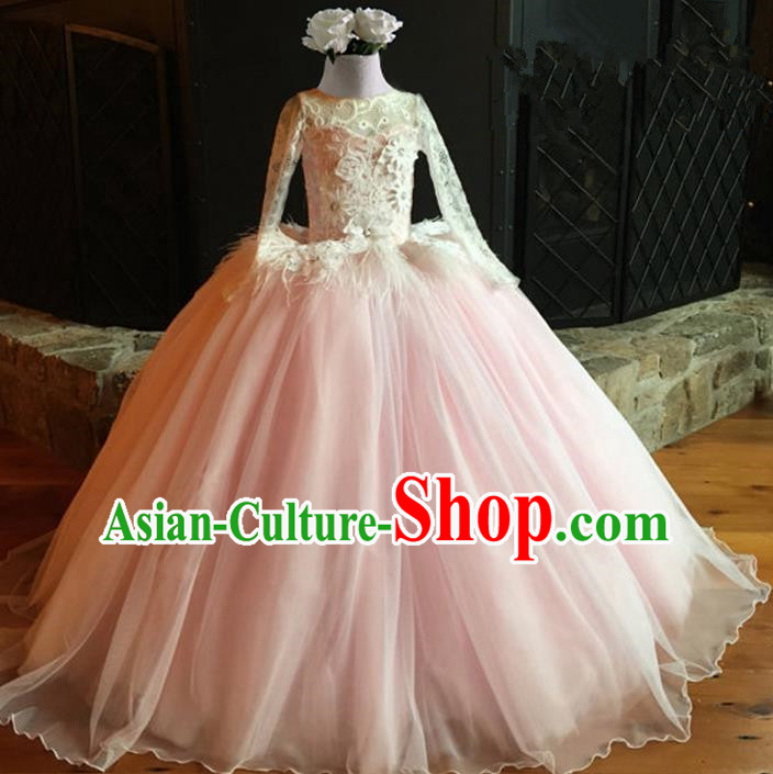 Top Grade Professional Compere Performance Catwalks Costume, Children Chorus Singing Group Pink Lace Full Dress Modern Dance Big Swing Bubble Dress for Girls Kids