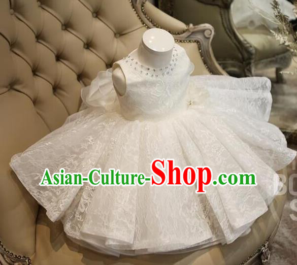 Top Grade Professional Compere Performance Catwalks Costume, Children Chorus Singing Group Baby Princess Full Dress Modern Dance Short White Bubble Dress for Girls Kids