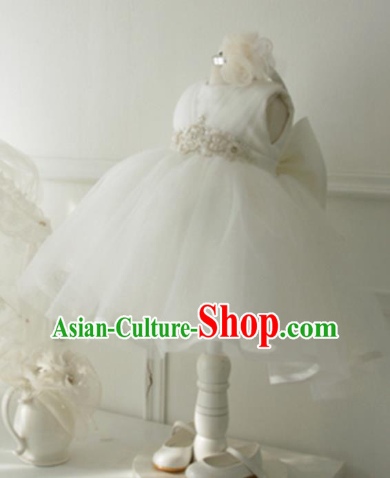 Top Grade Professional Compere Performance Catwalks Costume, Children Chorus Singing Group Little Princess White Veil Full Dress Modern Dance Short Bubble Dress for Girls Kids