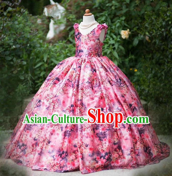 Top Grade Professional Compere Performance Catwalks Costume, Children Chorus Singing Group Little Princess Flowers Long Full Dress Modern Dance Big Swing Dress for Girls Kids