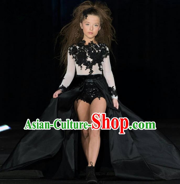 Top Grade Professional Compere Performance Catwalks Costume, Children Chorus Singing Group Black And White Colours Full Dress Modern Dance Trailing Dress for Girls Kids