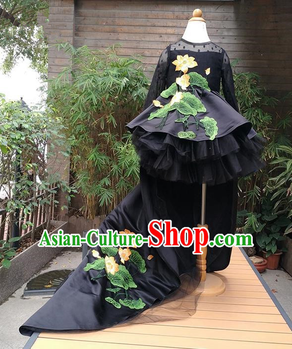 Top Grade Professional Compere Performance Catwalks Costume, Children Chorus Singing Group Black Embroidery Lotus Full Dress Modern Dance Trailing Dress for Girls Kids