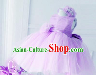 Top Grade Professional Compere Performance Catwalks Costume, Children Chorus Singing Group Little Princess Purple Wedding Veil Full Dress Modern Dance Bubble Dress for Girls Kids