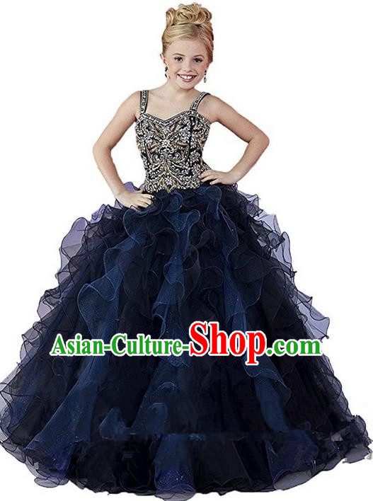 Top Grade Chinese Compere Performance Catwalks Costume, Children Chorus Singing Group Baby Princess Black Full Dress Modern Dance Bubble Long Dress for Girls Kids