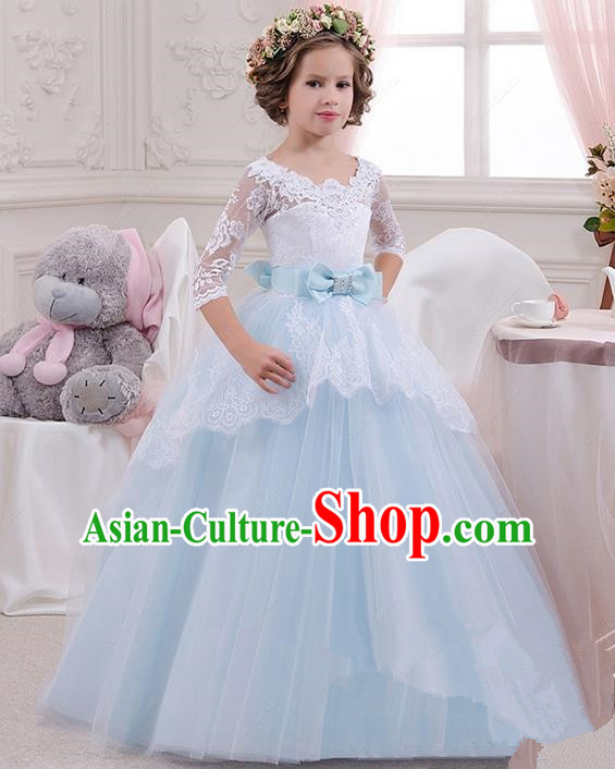 Top Grade Chinese Compere Performance Catwalks Costume, Children Chorus Singing Group Baby Princess Blue Lace Full Dress Modern Dance Bubble Long Dress for Girls Kids