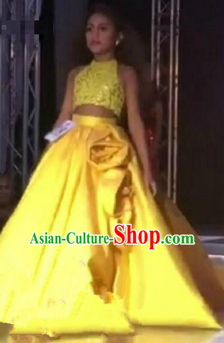 Top Grade Professional Compere Performance Catwalks Costume, Children Chorus Singing Group Baby Princess Yellow Lace Full Dress Modern Dance Long Trailing Dress for Girls Kids