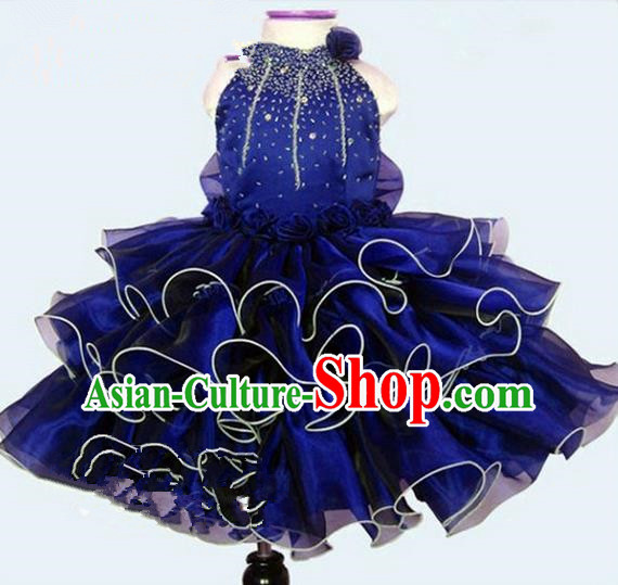 Top Grade Professional Compere Performance Catwalks Costume, Children Chorus Singing Group Little Princess Crystal Full Dress Modern Dance Blue Bubble Dress for Girls Kids