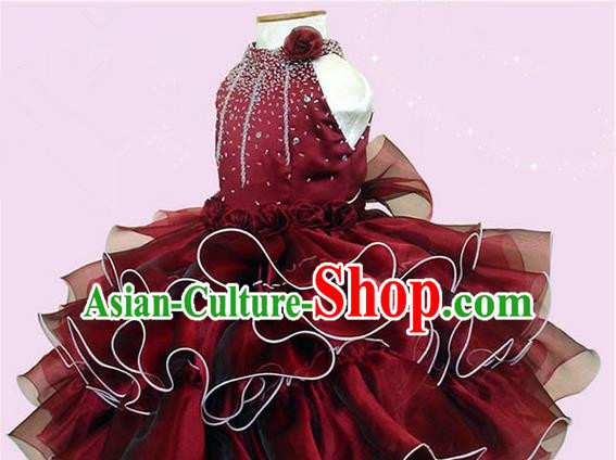 Top Grade Professional Compere Performance Catwalks Costume, Children Chorus Singing Group Little Princess Crystal Full Dress Modern Dance Red Bubble Dress for Girls Kids