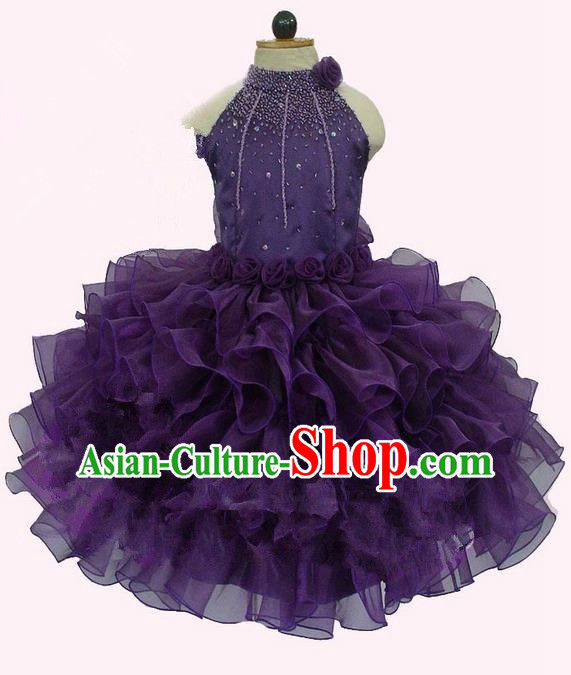 Top Grade Professional Compere Performance Catwalks Costume, Children Chorus Singing Group Little Princess Crystal Full Dress Modern Dance Deep Purple Bubble Dress for Girls Kids