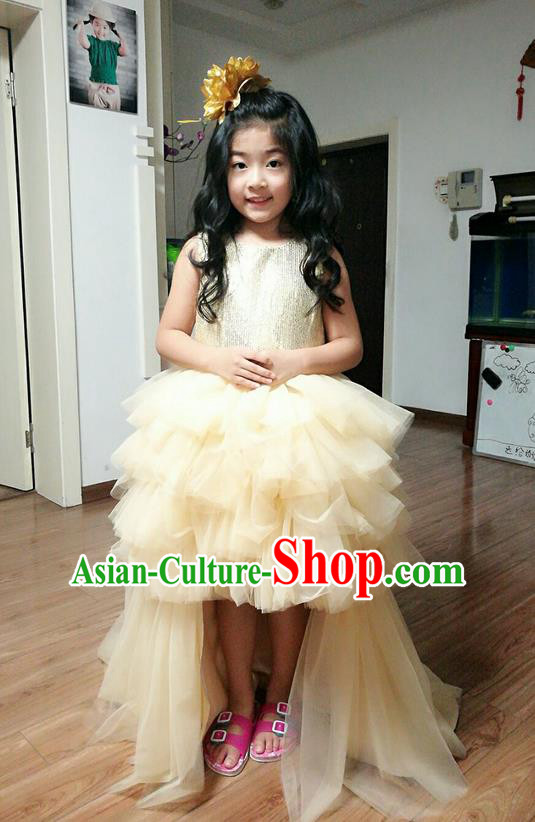 Top Grade Professional Compere Performance Catwalks Costume, Children Chorus Singing Group Little Princess Wedding Full Dress Modern Dance White Long Trailing Bubble Dress for Girls Kids