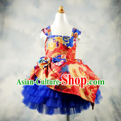 Top Grade Professional Compere Performance China Style Catwalks Costume, Children Chorus Singing Group Dragon Full Dress Modern Dance Bubble Dress for Girls Kids