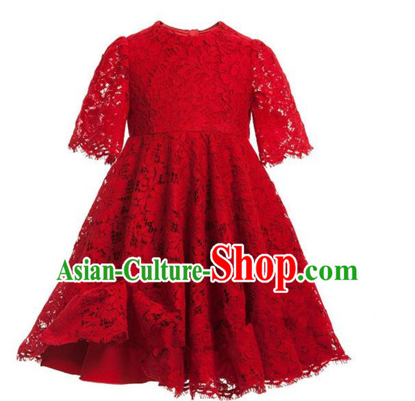 Top Grade Professional Compere Performance Catwalks Costume, Children Chorus Singing Group Red Lace Dress Full Dress Modern Dance Short Dress for Girls Kids