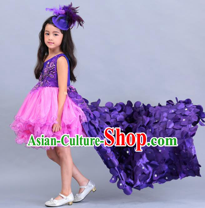 Top Grade Professional Compere Performance Catwalks Costume, Children Chorus Singing Group Baby Princess Purple Layered Dress Full Dress Modern Dance Trailing Bubble Dress for Girls Kids