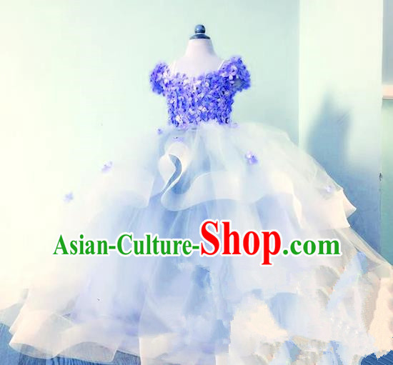 Top Grade Professional Compere Performance Catwalks Costume, Children Chorus Singing Group Baby Princess Flowers Blue Full Dress Modern Dance Trailing Bubble Dress for Girls Kids