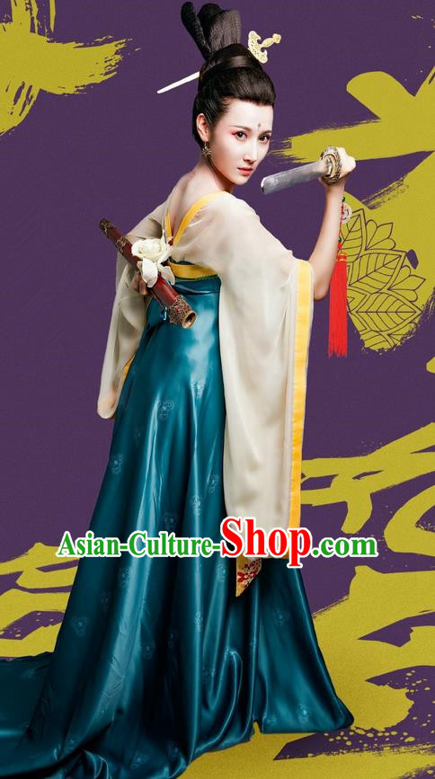 Traditional Ancient Chinese Elegant Swordswoman Costume and Handmade Headpiece Complete Set, Chinese Television Drama Concubine Meng Comes Across Palace Lady Dress Chinese Tang Dynasty Princess Clothing for Women