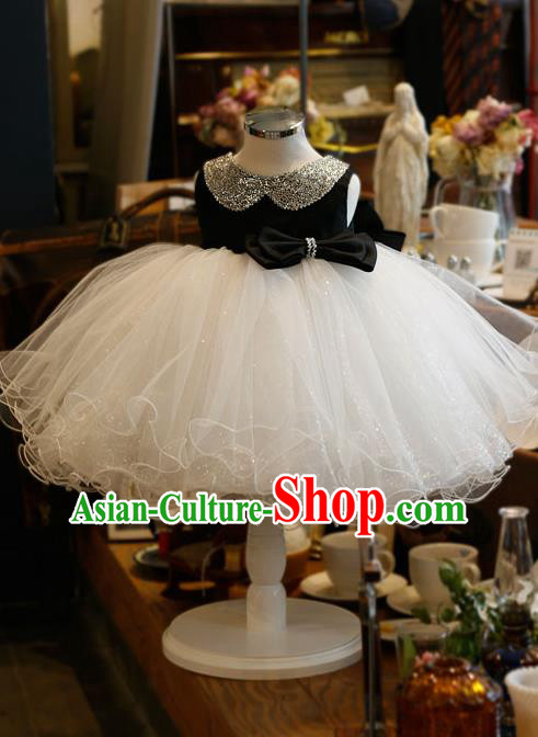 Top Grade Chinese Compere Professional Performance Catwalks Costume, Children Chorus Singing Group Bubble Veil Full Dress Modern Dance White and Black Dress for Girls Kids