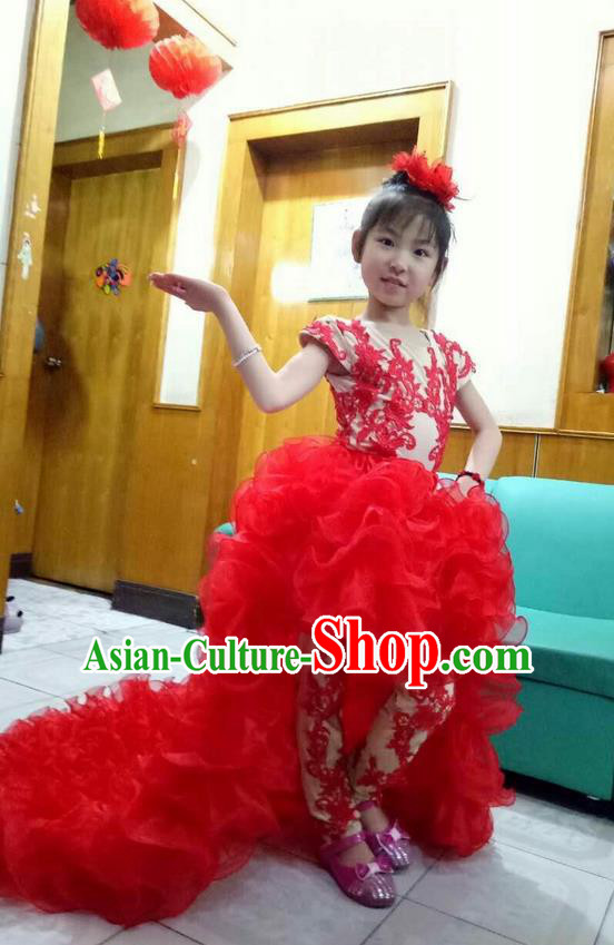 Top Grade Chinese Compere Professional Performance Catwalks Costume, Children Chorus Singing Group Red Bubble Full Dress Modern Dance Little Princess Long Trailing Dress for Girls Kids