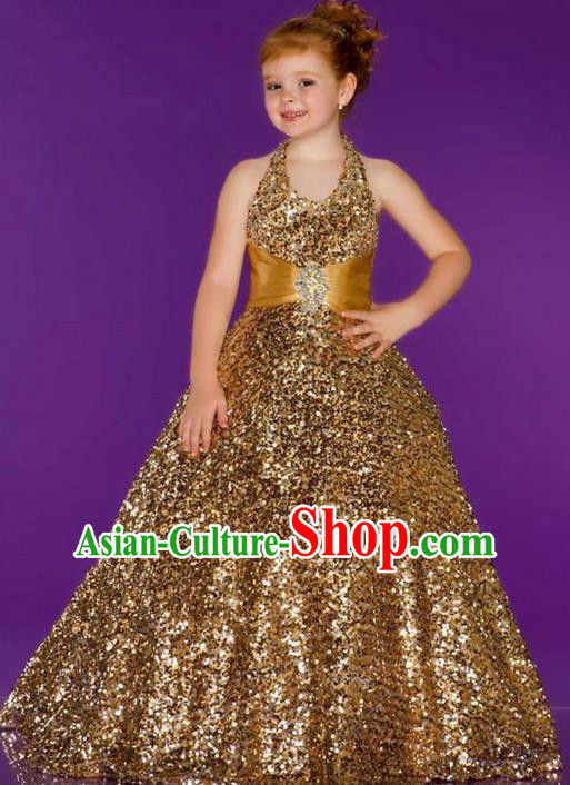 Top Grade Chinese Compere Professional Performance Catwalks Costume, Children Chorus Singing Group Gold Paillette Bubble Full Dress Modern Dance Little Princess Long Trailing Dress for Girls Kids