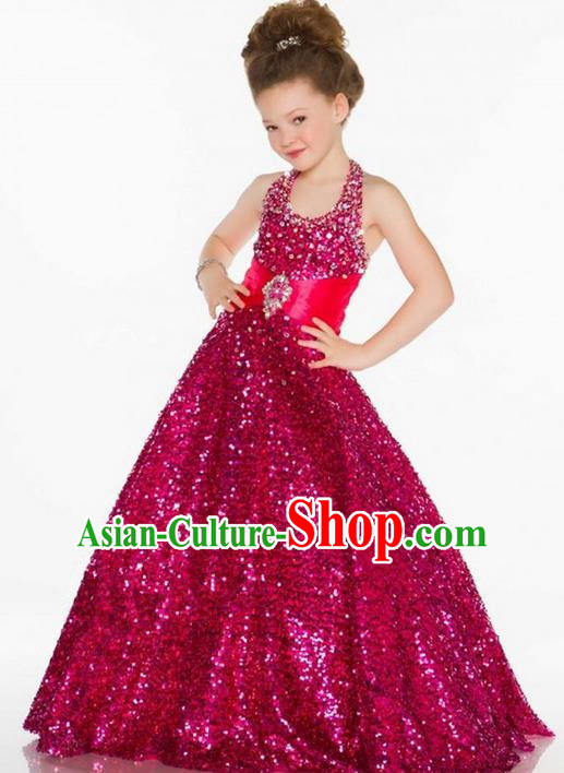 Top Grade Chinese Compere Professional Performance Catwalks Costume, Children Chorus Singing Group Rose Paillette Bubble Full Dress Modern Dance Little Princess Long Trailing Dress for Girls Kids