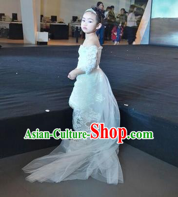 Top Grade Chinese Compere Professional Performance Catwalks Costume, Children Chorus Singing Group White Wedding Full Dress Modern Dance Little Princess Long Trailing Dress for Girls Kids
