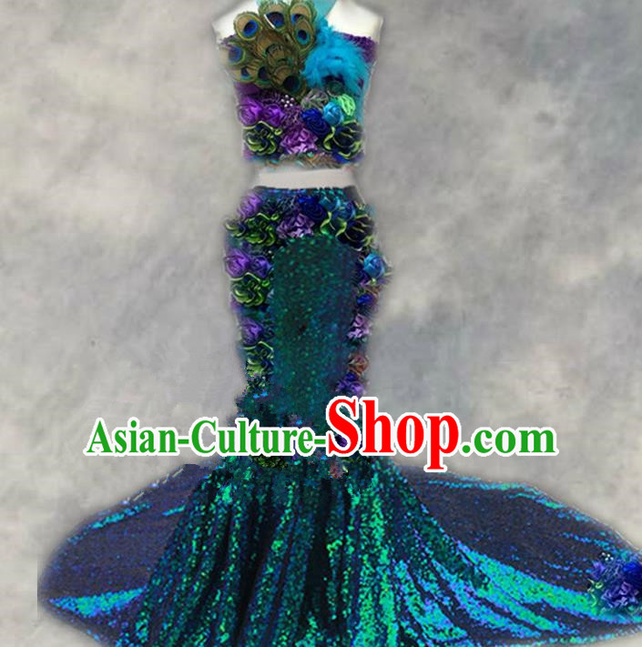 Top Grade Chinese Compere Professional Performance Catwalks Costume, Children Chorus Singing Group Paillette Mermaid Full Dress Modern Pavane Dance Little Princess Long Trailing Dress for Girls Kids