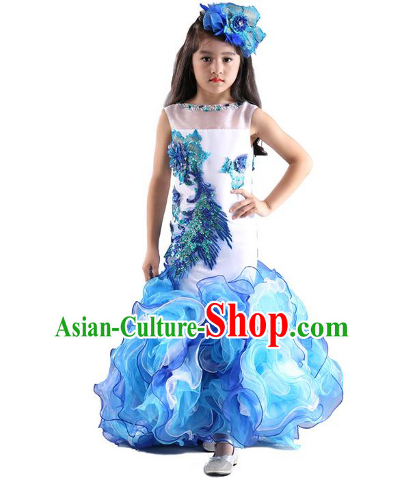 Top Grade Chinese Compere Professional Performance Catwalks Costume, Children Chorus Blue Fishtail Formal Dress Modern Dance Little Princess Long Dress for Girls Kids