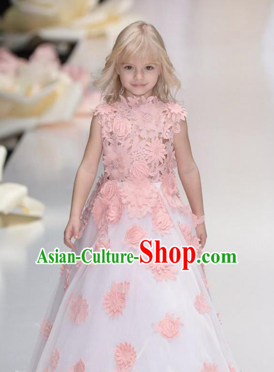 Top Grade Chinese Compere Professional Performance Catwalks Costume, Children Chorus Flowers Bubble Formal Dress Modern Dance Little Princess Long Lace Dress for Girls Kids