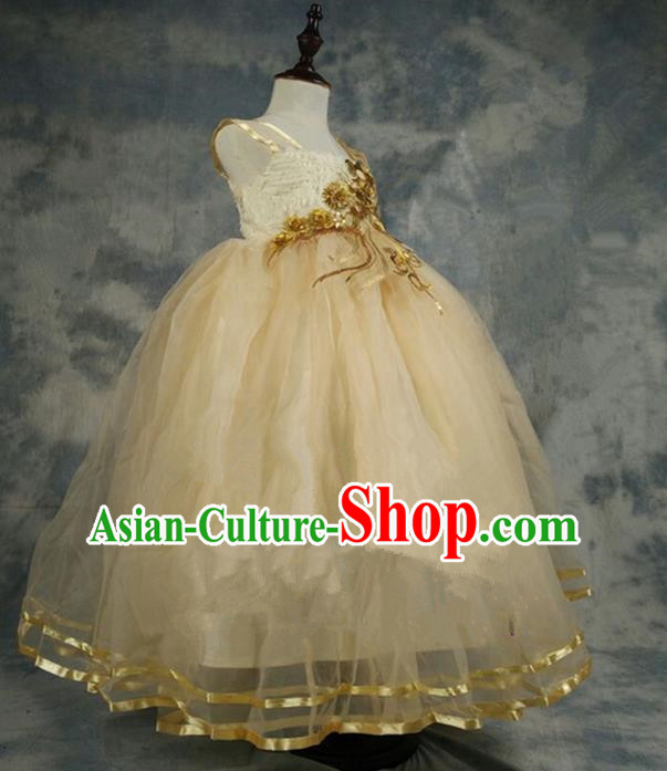 Top Grade Chinese Compere Professional Performance Catwalks Costume, Children Chorus Champagne Bubble Formal Dress Modern Dance Baby Princess Veil Long Dress for Girls Kids