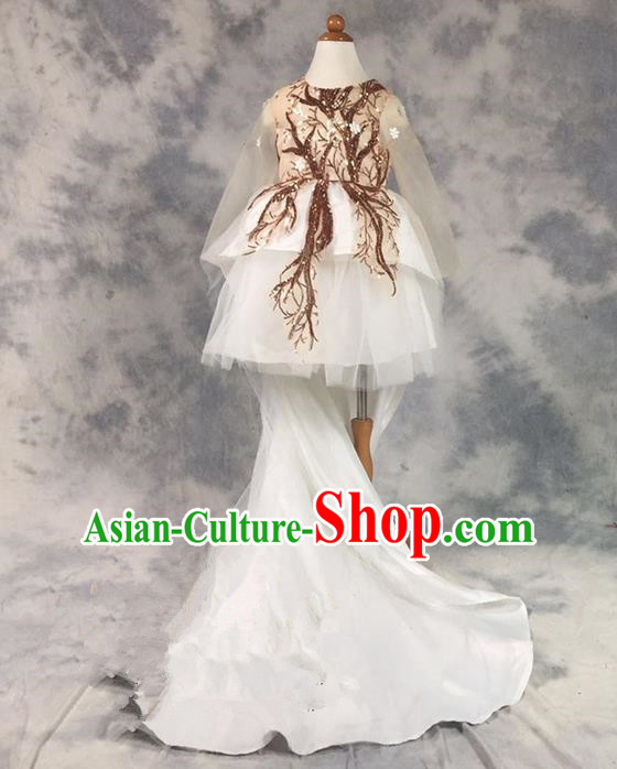 Top Grade Chinese Compere Professional Performance Catwalks Costume, Children Chorus Champagne Paillette Bubble Formal Dress Modern Dance Baby Princess Veil Long Trailing Dress for Girls Kids