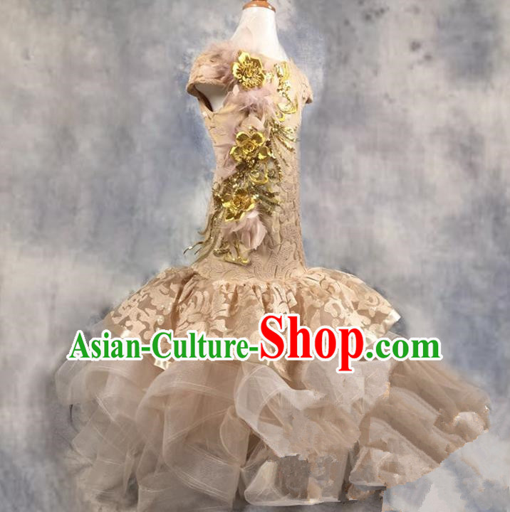 Top Grade Chinese Compere Professional Performance Chinese Style Catwalks Costume, Children Chorus Fishtail Paillette Bubble Cheongsam Formal Dress Modern Dance Baby Princess Veil Long Trailing Dress for Girls Kids