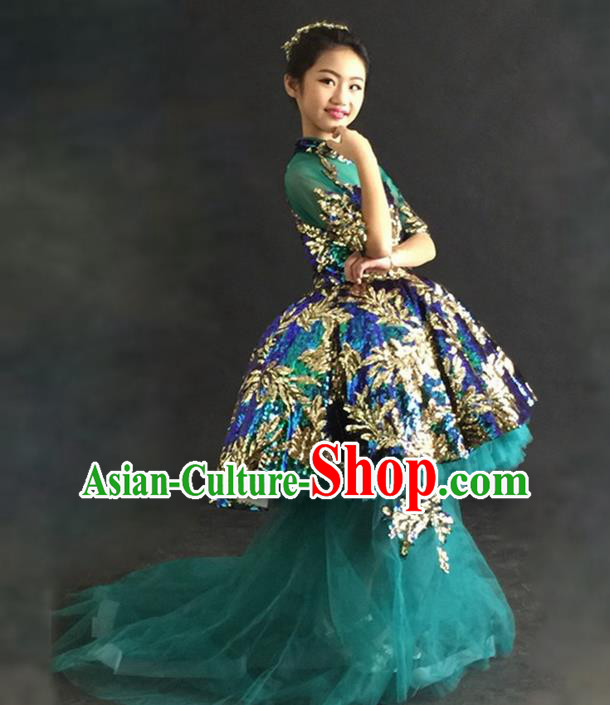 Top Grade Chinese Compere Professional Performance Catwalks Costume, Children Chorus Green Bubble Formal Dress Modern Dance Baby Princess Veil Long Trailing Dress for Girls Kids