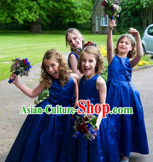 Top Grade Chinese Compere Professional Performance Catwalks Costume, Children Chorus Blue Bubble Wedding Formal Dress Modern Dance Baby Princess Long Satin Dress for Girls Kids