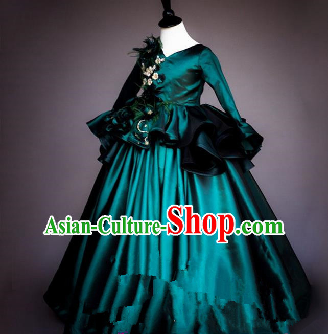 Top Grade Chinese Compere Professional Performance Catwalks Costume, Children Chorus Green Big Swing Wedding Formal Dress Modern Dance Baby Princess Long Bubble Dress for Girls Kids