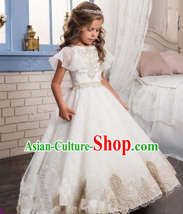 Top Grade Chinese Compere Professional Performance Catwalks Costume, Children Chorus White Lace Big Swing Wedding Formal Dress Modern Dance Baby Princess Long Bubble Dress for Girls Kids