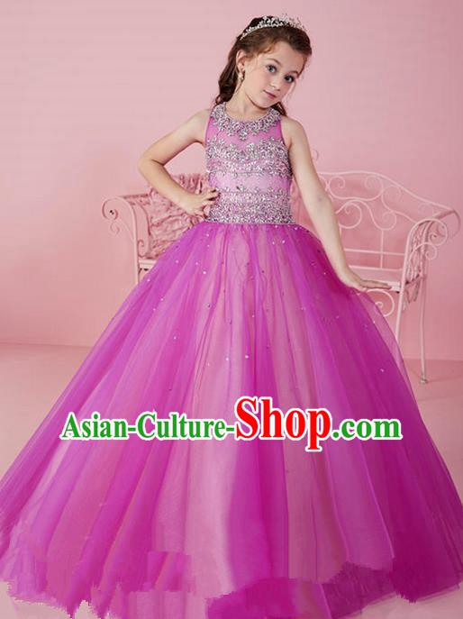 Top Grade Chinese Compere Professional Performance Catwalks Costume, Children Chorus Pink Crystal Big Swing Wedding Formal Dress Modern Dance Baby Princess Long Bubble Dress for Girls Kids