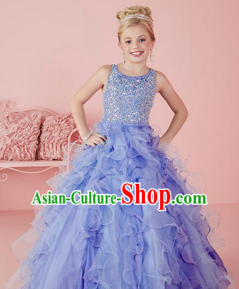 Top Grade Chinese Compere Professional Performance Catwalks Costume, Children Chorus Light Purple Crystal Big Swing Wedding Formal Dress Modern Dance Baby Princess Long Bubble Dress for Girls Kids