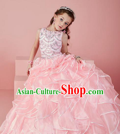 Top Grade Chinese Compere Professional Performance Catwalks Costume, Children Chorus Pink Crystal Big Swing Wedding Formal Dress Modern Dance Baby Princess Long Bubble Dress for Girls Kids