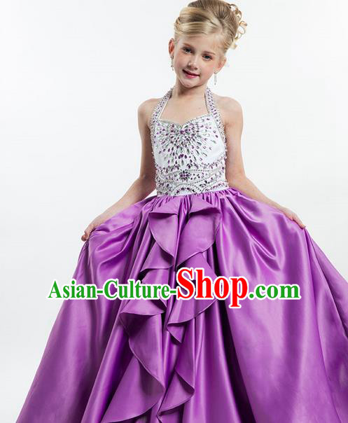 Top Grade Chinese Compere Professional Performance Catwalks Costume, Children Chorus Purple Crystal Big Swing Wedding Formal Dress Modern Dance Baby Princess Long Bubble Dress for Girls Kids