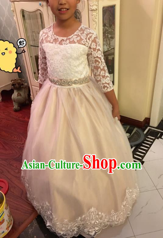 Top Grade Chinese Compere Professional Performance Catwalks Costume, Children Chorus White Lace Big Swing Wedding Formal Dress Modern Dance Baby Princess Long Bubble Dress for Girls Kids