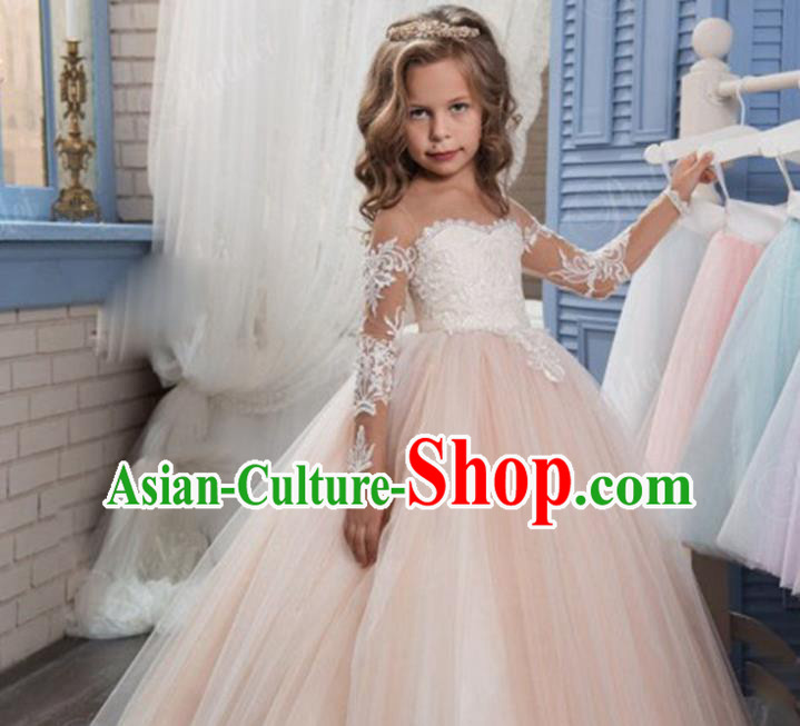 Top Grade Chinese Compere Professional Performance Catwalks Costume, Children Chorus Champagne Lace Flat Shouders Big Swing Wedding Formal Dress Modern Dance Baby Princess Long Bubble Dress for Girls Kids