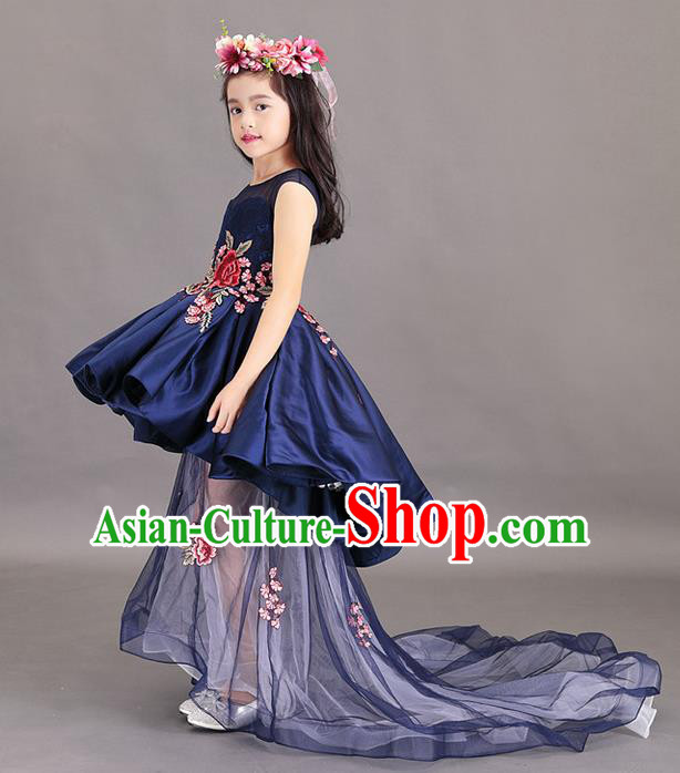 Top Grade Chinese Compere Professional Performance China Style Catwalks Costume, Children Chorus Embroidery Peony Wedding Formal Dress Modern Dance Baby Princess Long Trailing Dress for Girls Kids